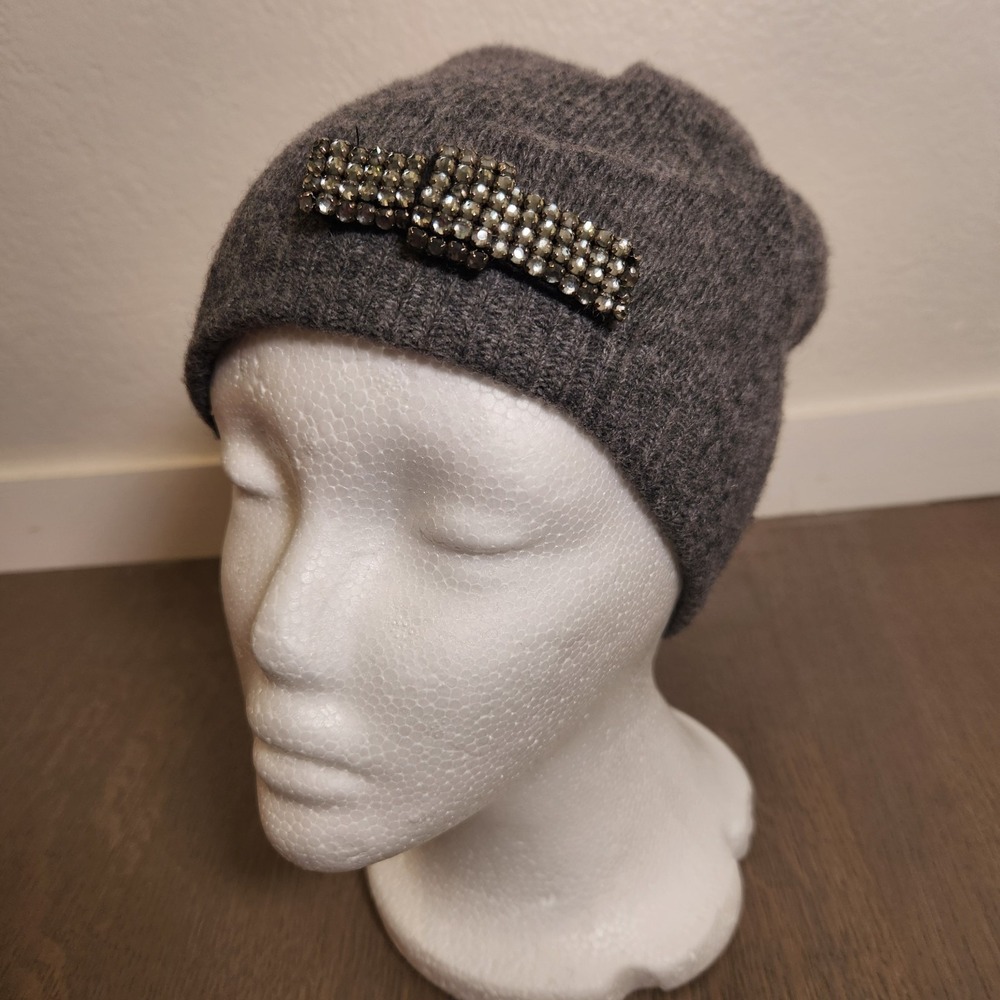 Womens Gray Wool Blend Rhinestone Crystal Bow Beanie Winter Slouchy Hat Wool